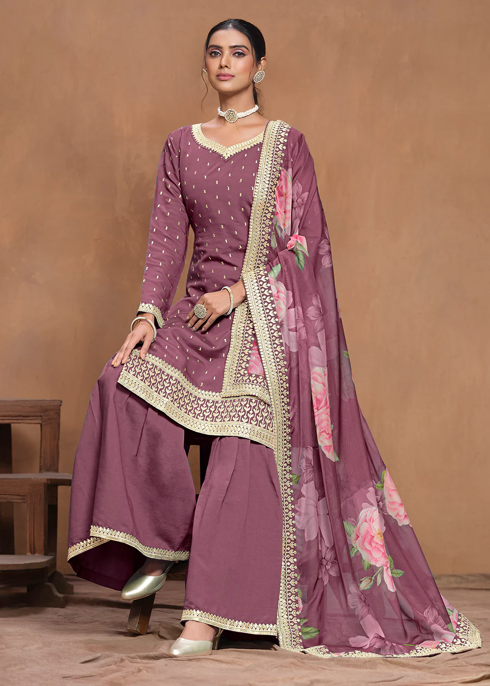 Roman Silk Purple Embroidered Festive Gharara Suit - Image 4