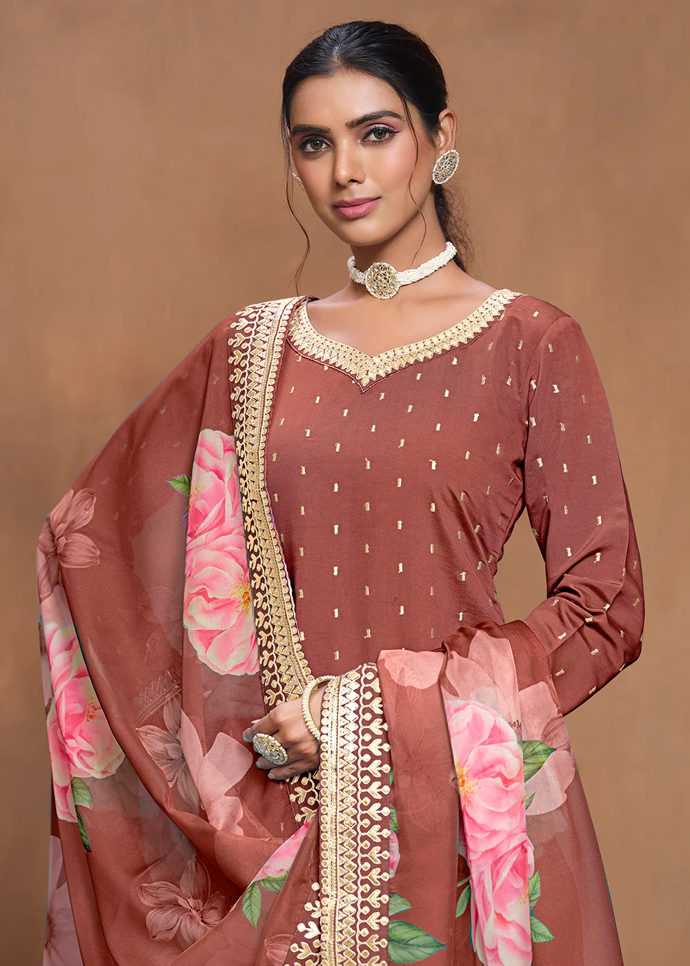Roman Silk Rust Embroidered Festive Gharara Suit - Image 2