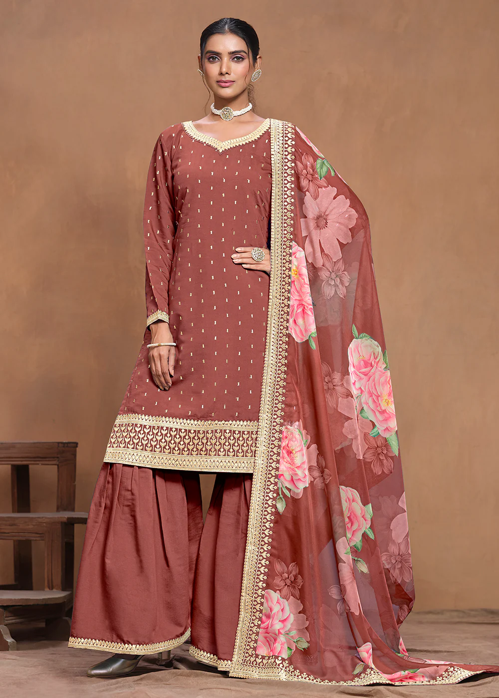 Roman Silk Rust Embroidered Festive Gharara Suit - Image 3