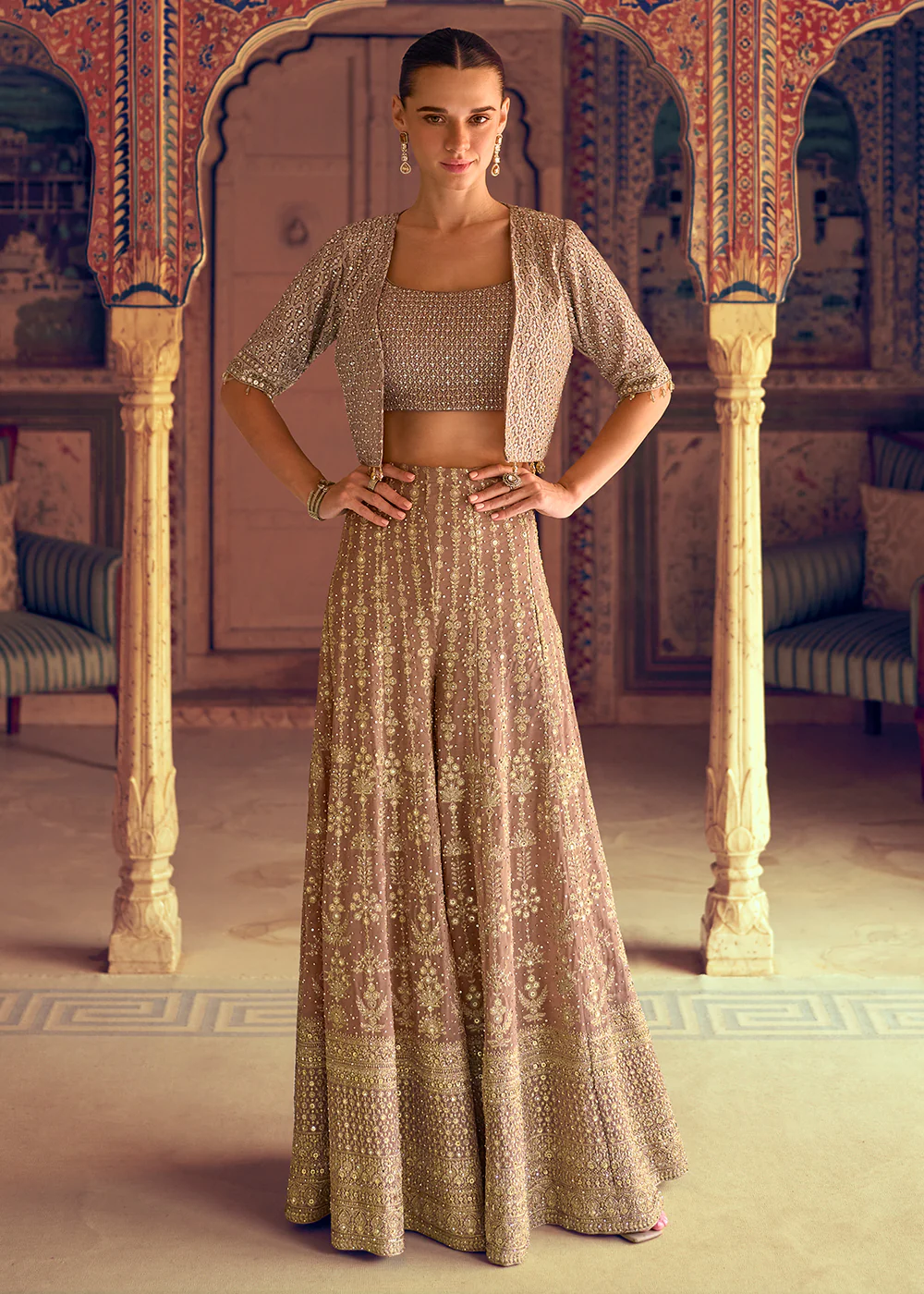 Rose Gold Crop Top Party Style Palazzo Suit with Jacket