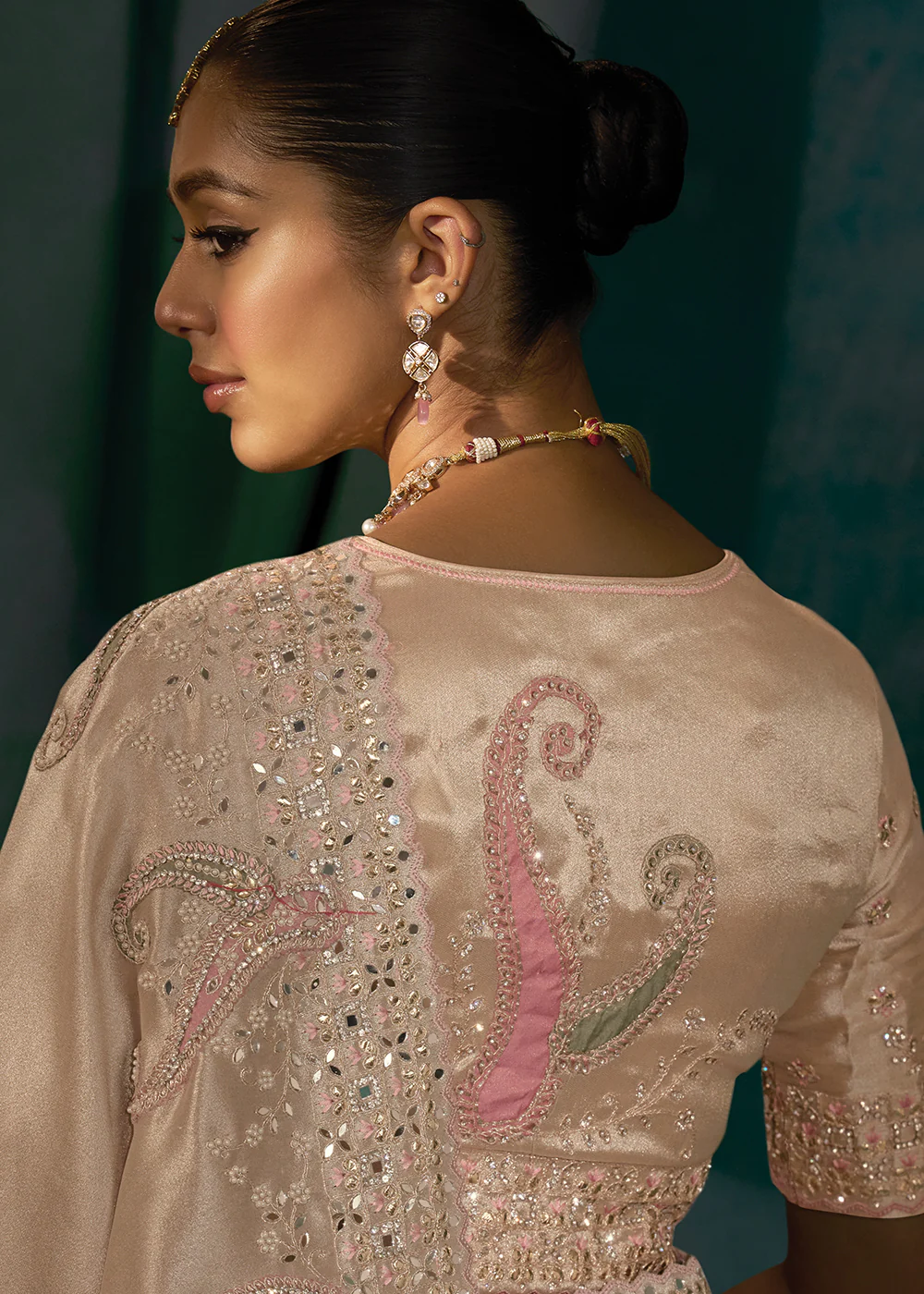 Rose Gold Cut Dana & Mirror Work Designer Saree - Image 3
