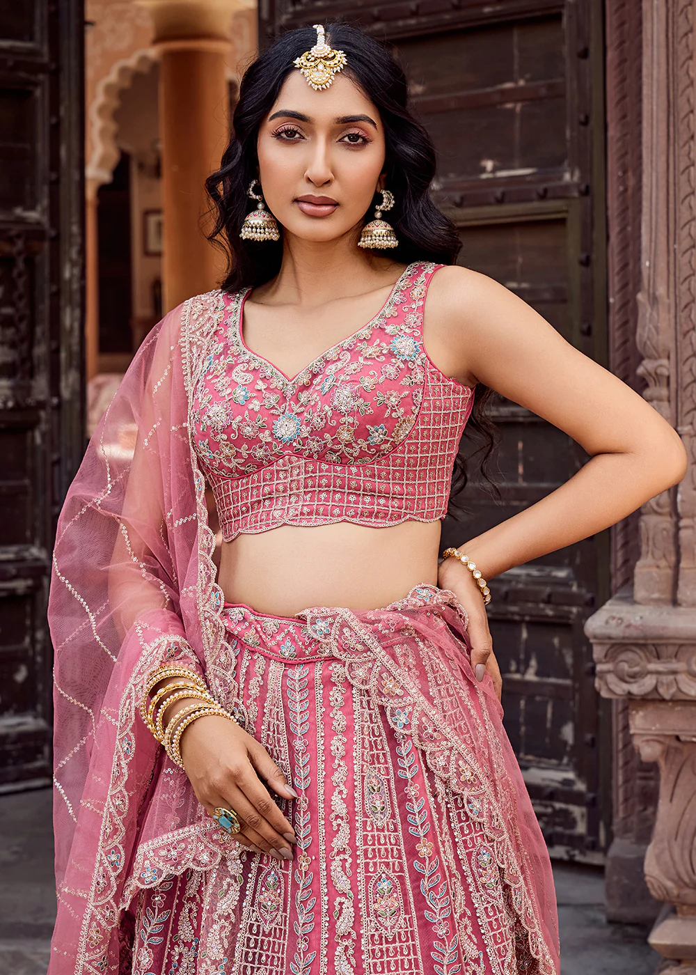 Rose Gold Flared Embroidered Festive Lehenga Choli - Image 2