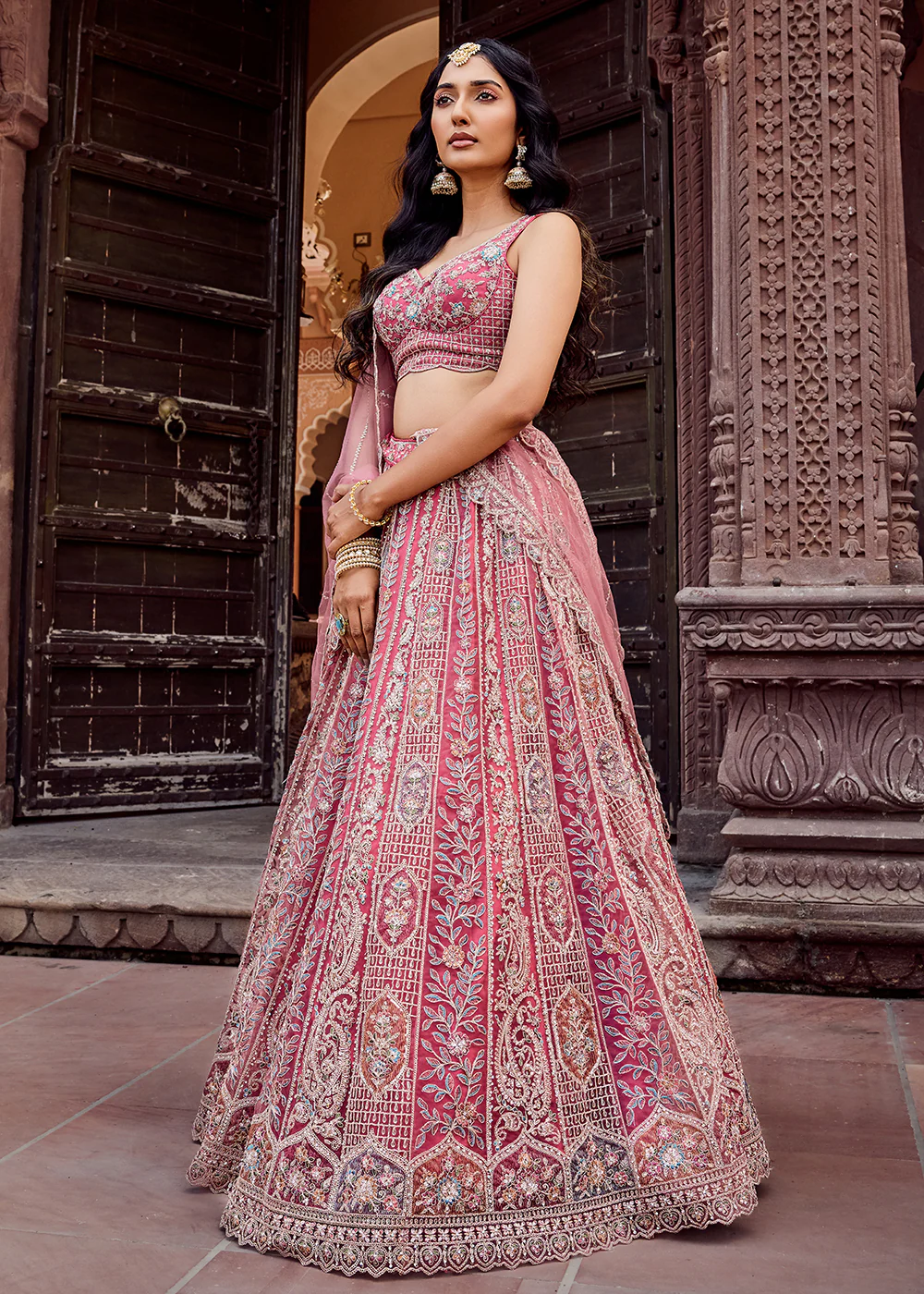 Rose Gold Flared Embroidered Festive Lehenga Choli - Image 5