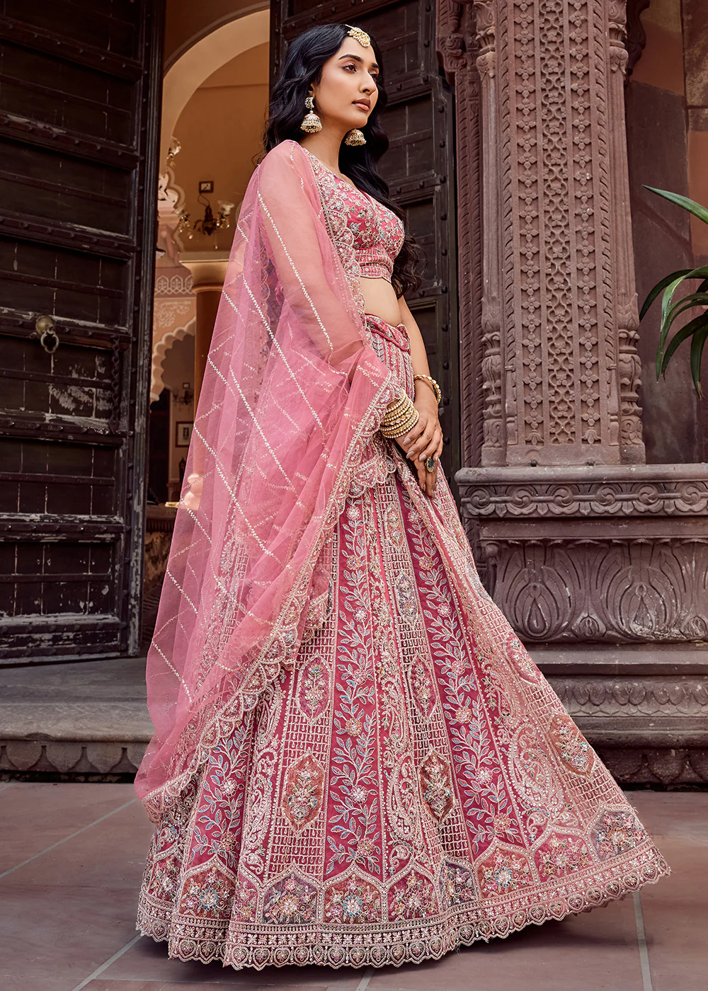 Rose Gold Flared Embroidered Festive Lehenga Choli - Image 6