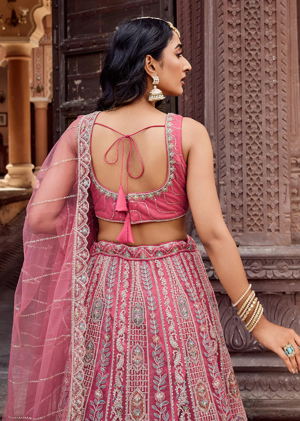 Rose Gold Flared Embroidered Festive Lehenga Choli - Image 7