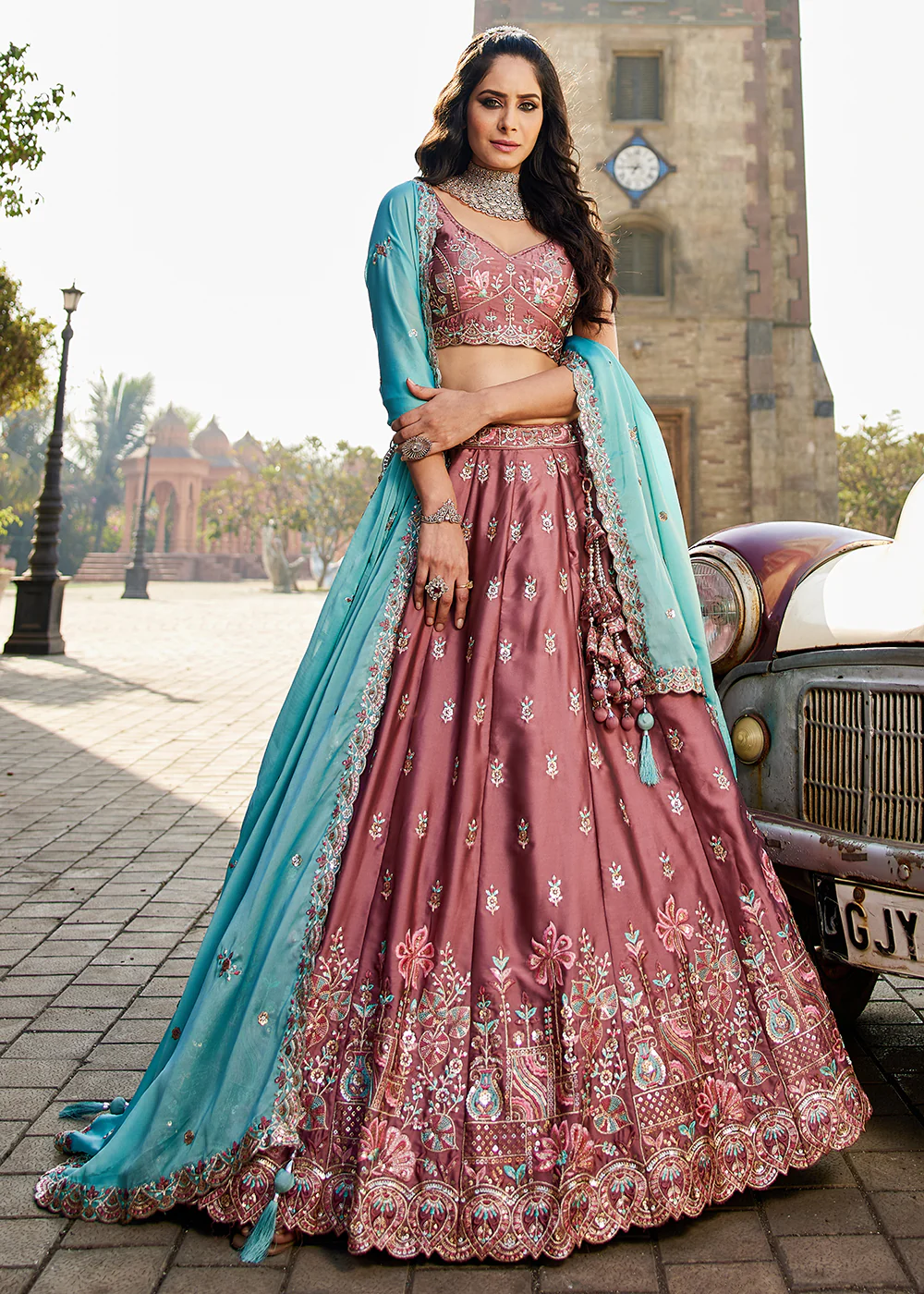 Rose Gold Georgette Sequins Wedding Wear Lehenga Choli - Image 5
