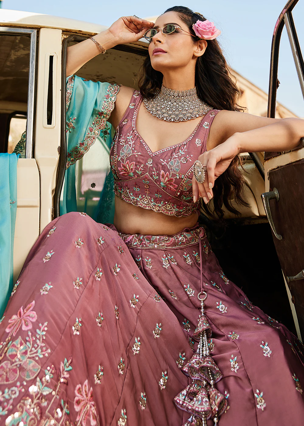 Rose Gold Georgette Sequins Wedding Wear Lehenga Choli - Image 6