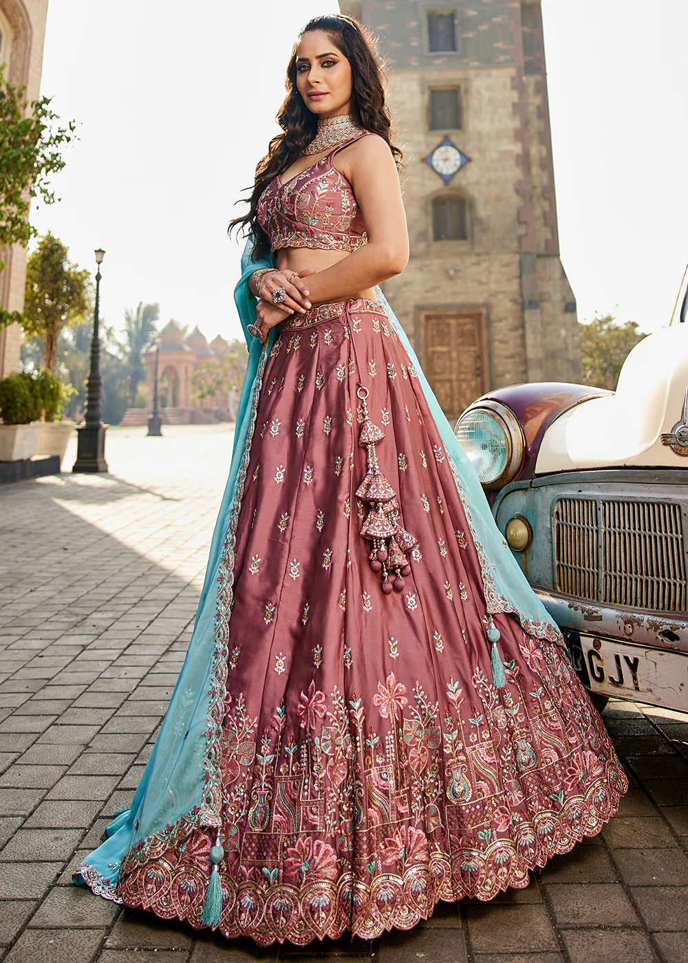 Rose Gold Georgette Sequins Wedding Wear Lehenga Choli - Image 7