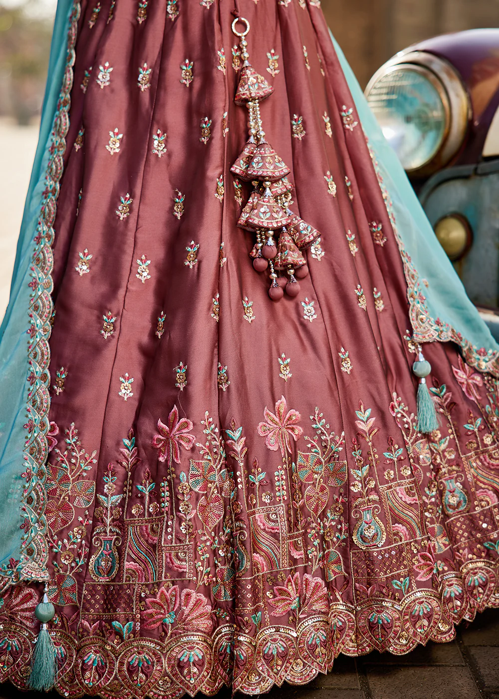 Rose Gold Georgette Sequins Wedding Wear Lehenga Choli - Image 8