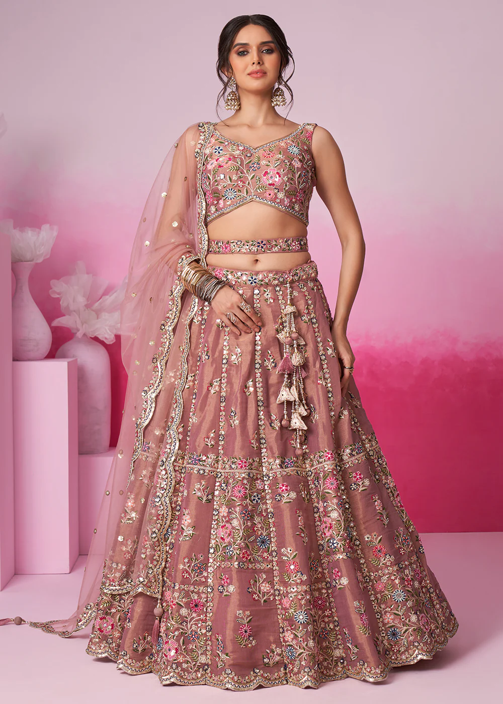 Rose Gold Net Ethnic Embroidered Bridal Wear Lehenga Choli