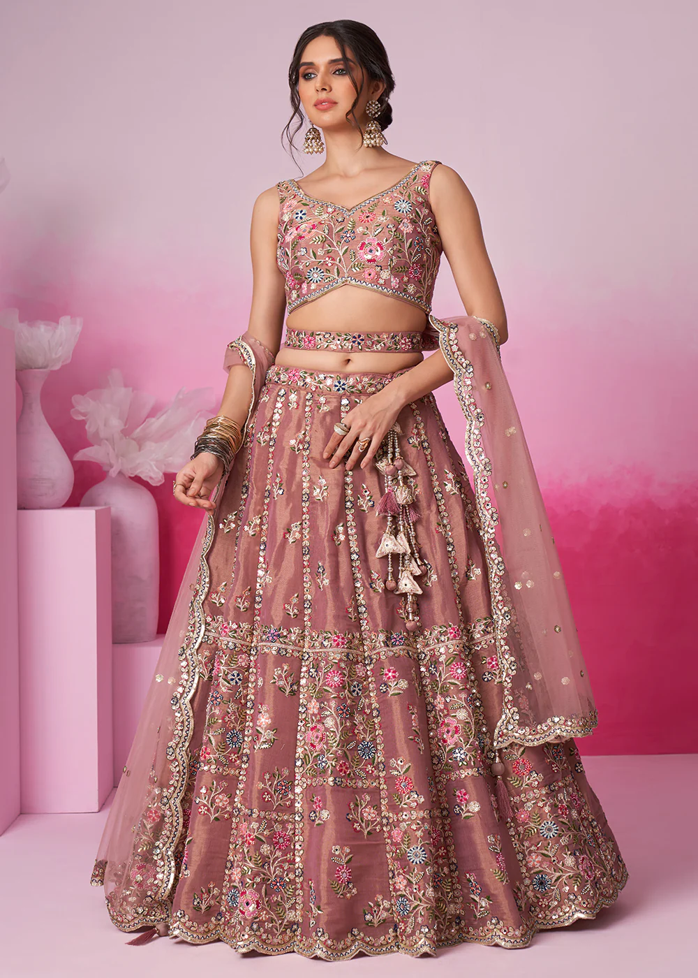 Rose Gold Net Ethnic Embroidered Bridal Wear Lehenga Choli - Image 4