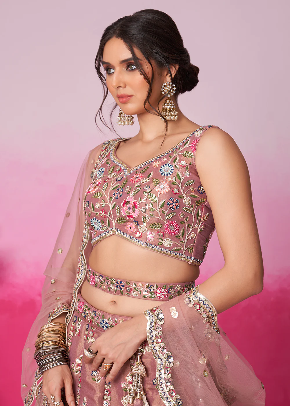 Rose Gold Net Ethnic Embroidered Bridal Wear Lehenga Choli - Image 6