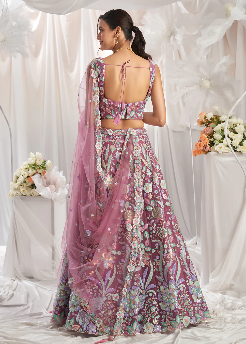 Rose Gold Net Floral Embroidered Designer Lehenga Choli - Image 3