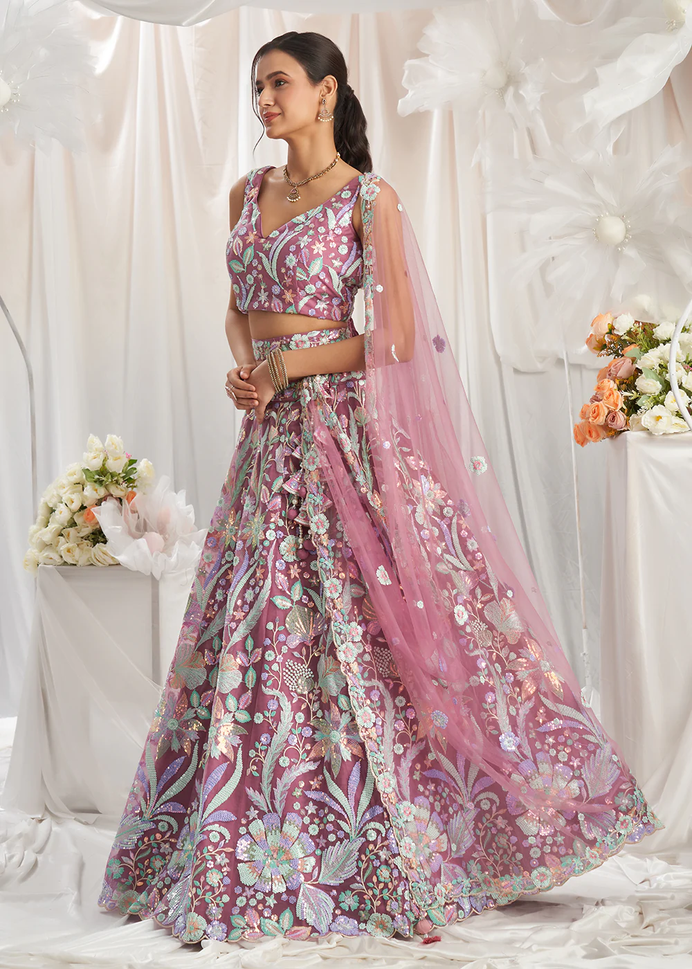 Rose Gold Net Floral Embroidered Designer Lehenga Choli - Image 4