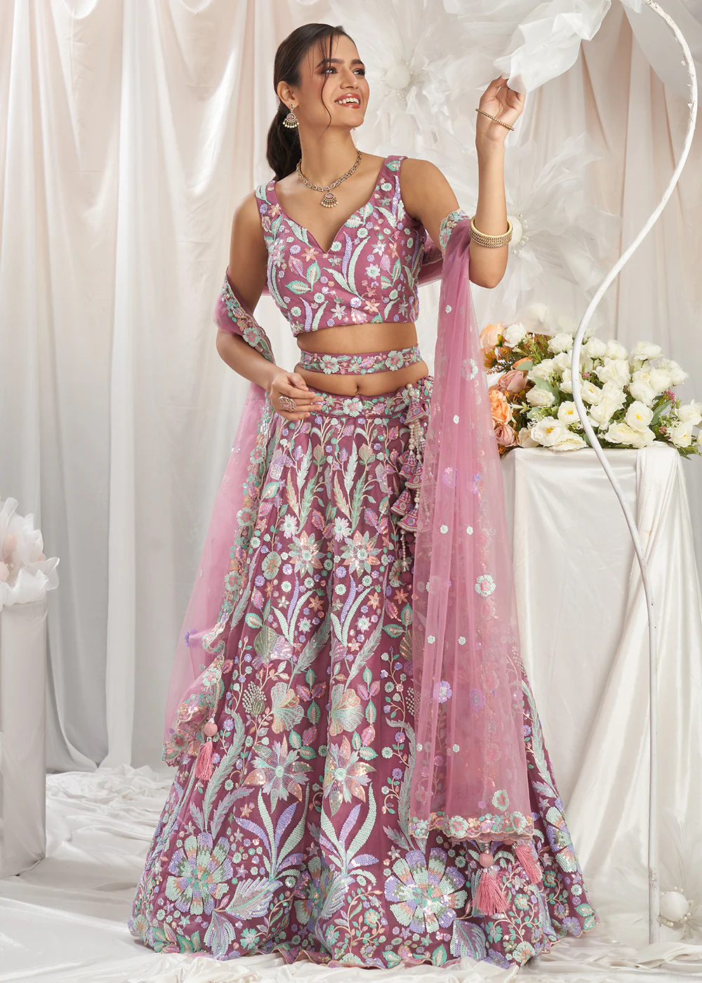 Rose Gold Net Floral Embroidered Designer Lehenga Choli - Image 5
