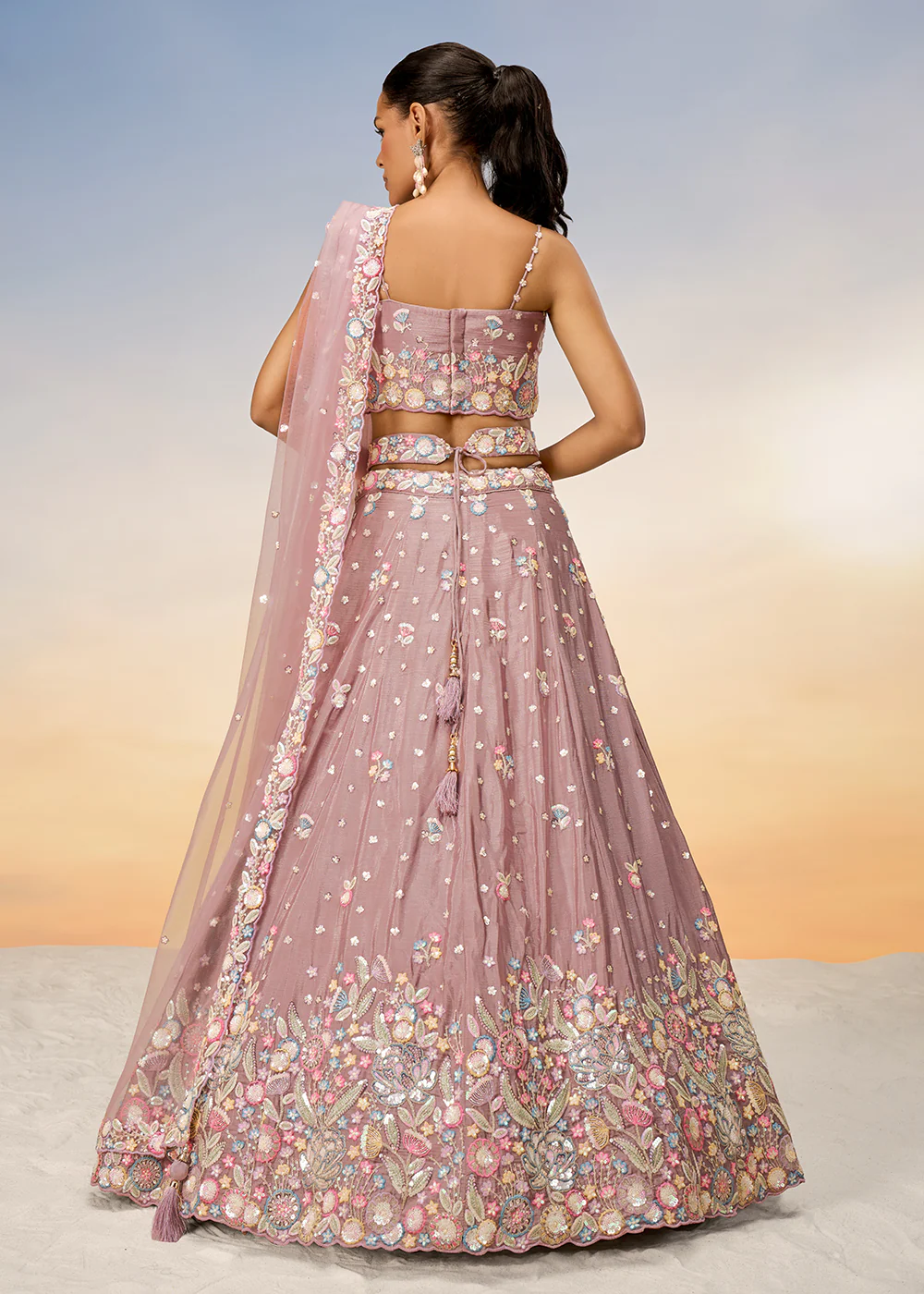 Rose Gold Poly Chiffon Embroidered Wedding Party Lehenga Choli - Image 3