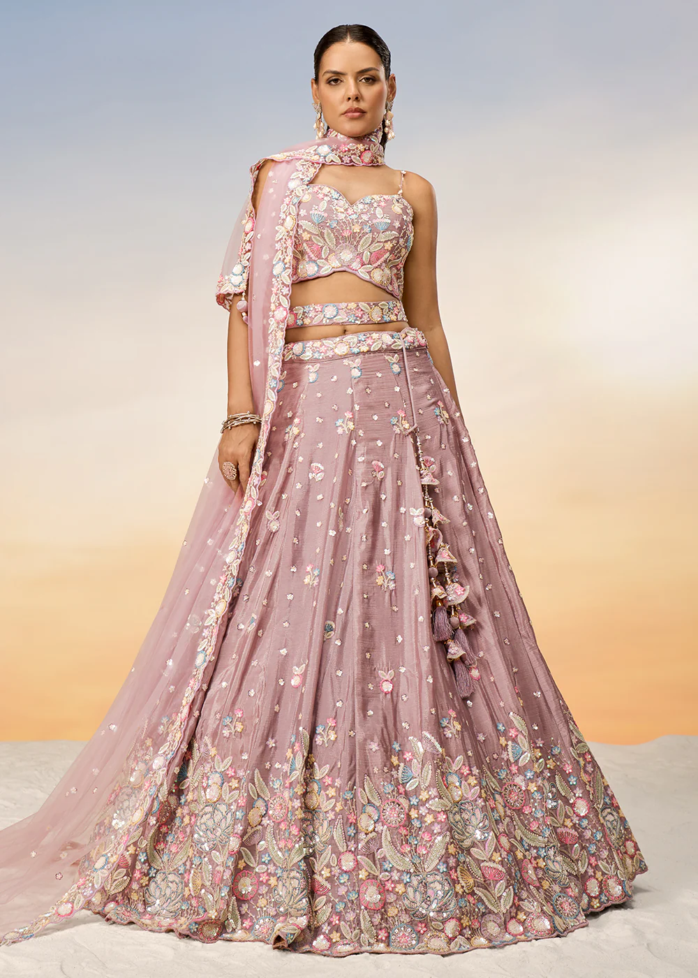 Rose Gold Poly Chiffon Embroidered Wedding Party Lehenga Choli - Image 4