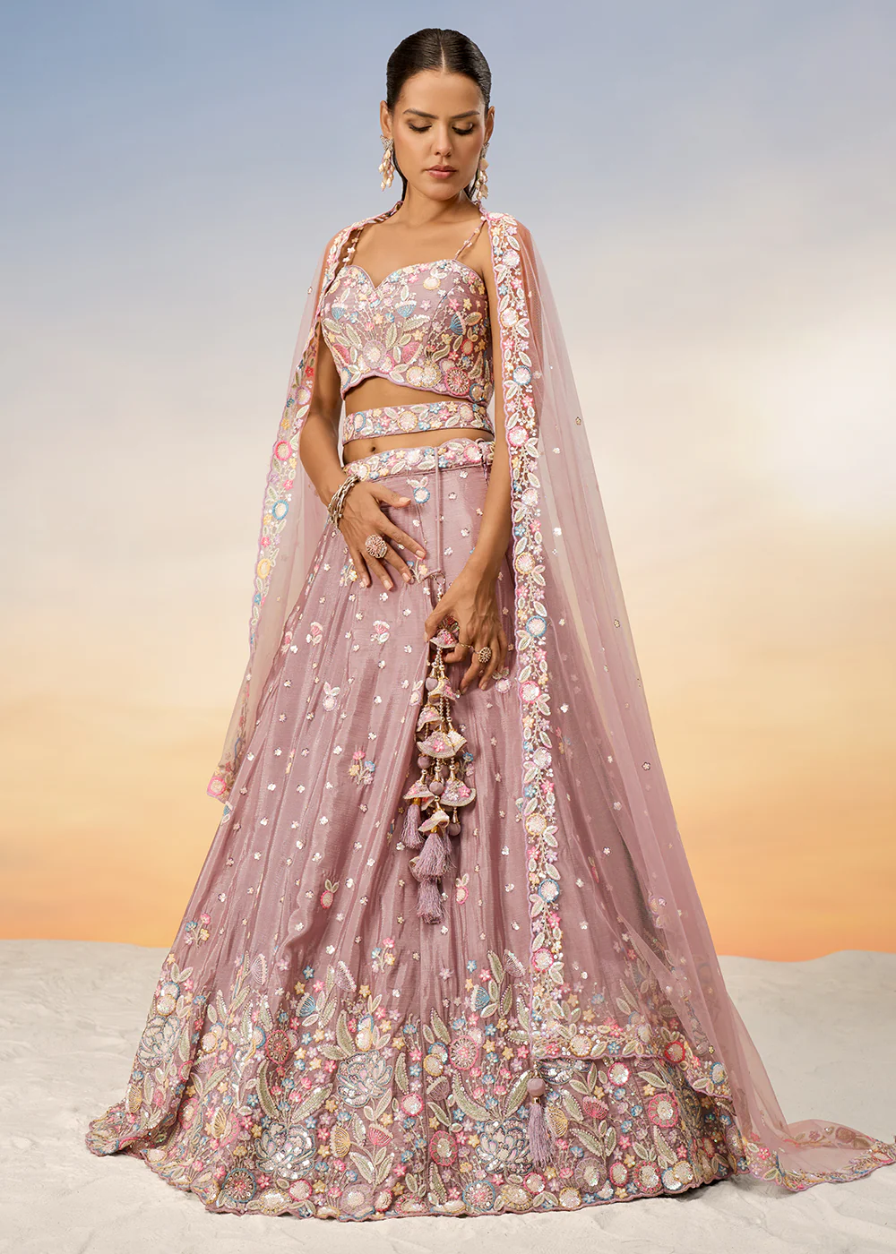 Rose Gold Poly Chiffon Embroidered Wedding Party Lehenga Choli - Image 5