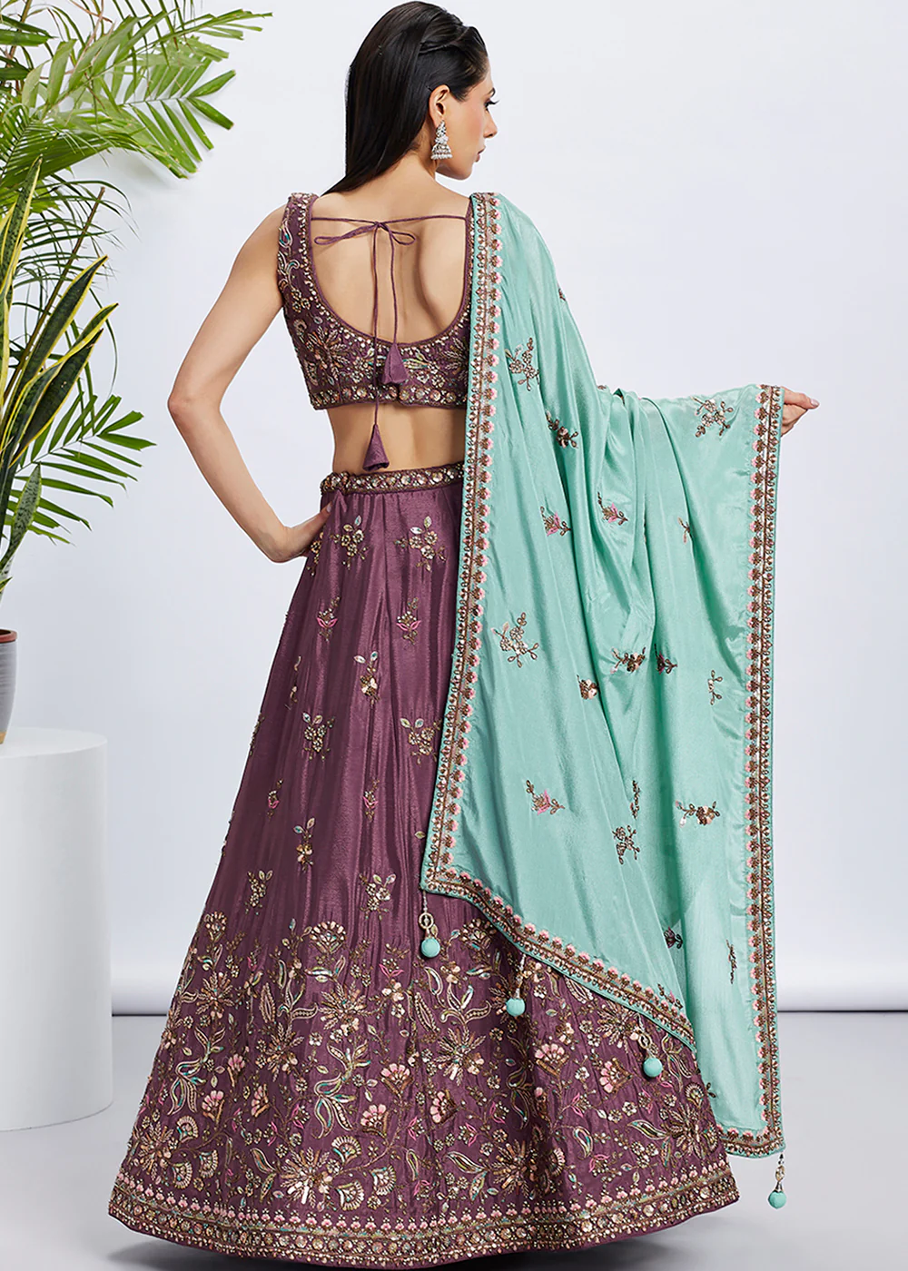 Rose Gold Pure Chiffon Sequins & Thread Designer Lehenga Choli - Image 3