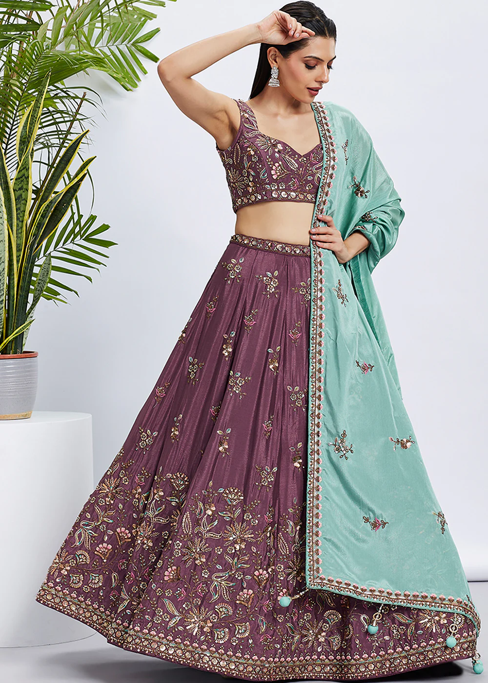 Rose Gold Pure Chiffon Sequins & Thread Designer Lehenga Choli - Image 4