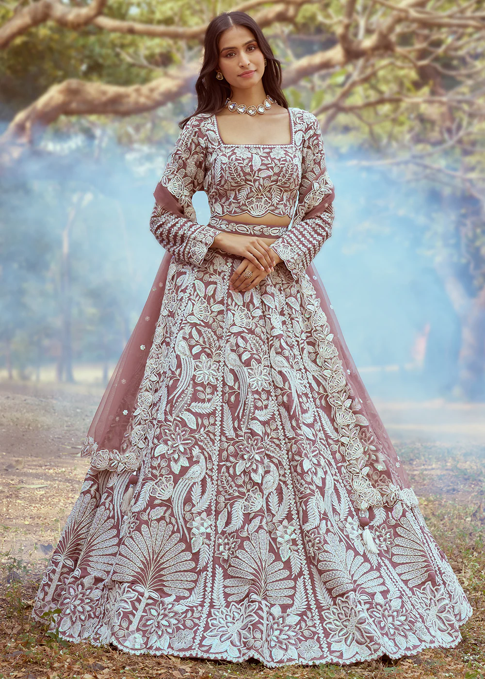 Rose Gold Satin Sequins Embroidered Designer Lehenga Choli