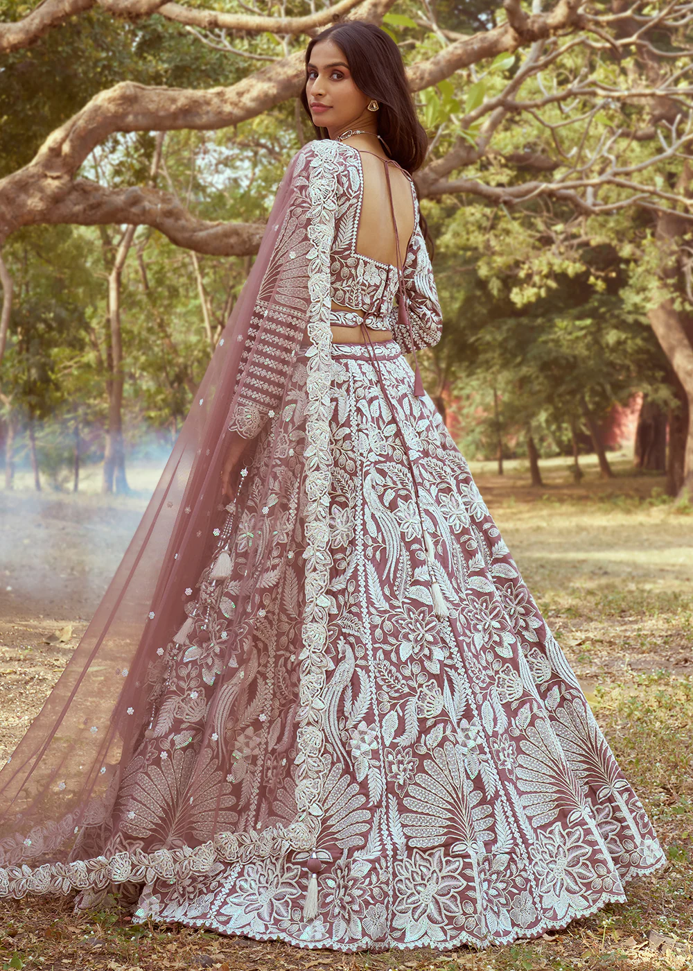 Rose Gold Satin Sequins Embroidered Designer Lehenga Choli - Image 3