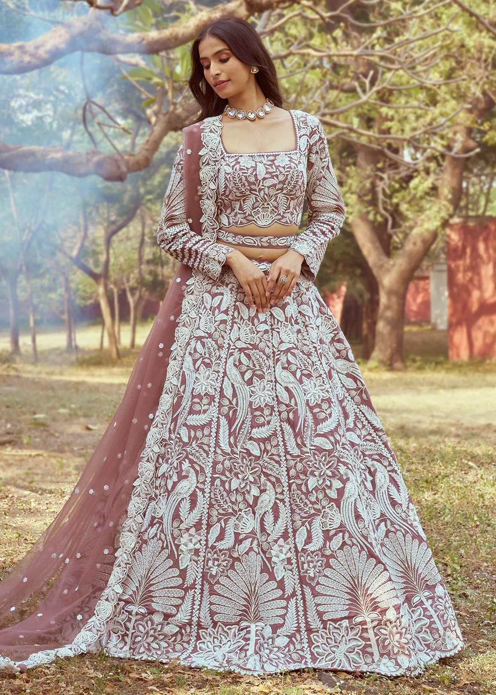 Rose Gold Satin Sequins Embroidered Designer Lehenga Choli - Image 4