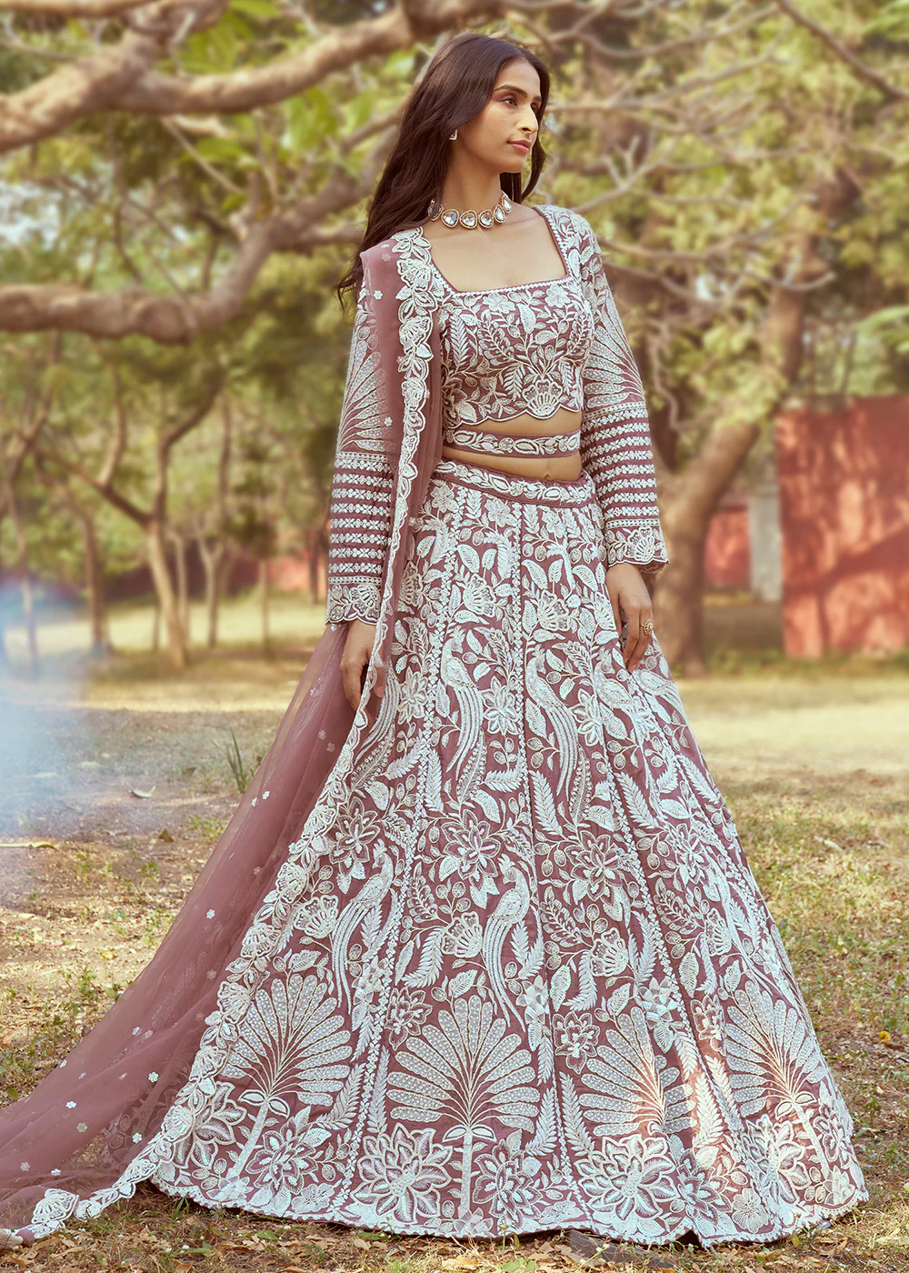 Rose Gold Satin Sequins Embroidered Designer Lehenga Choli - Image 5