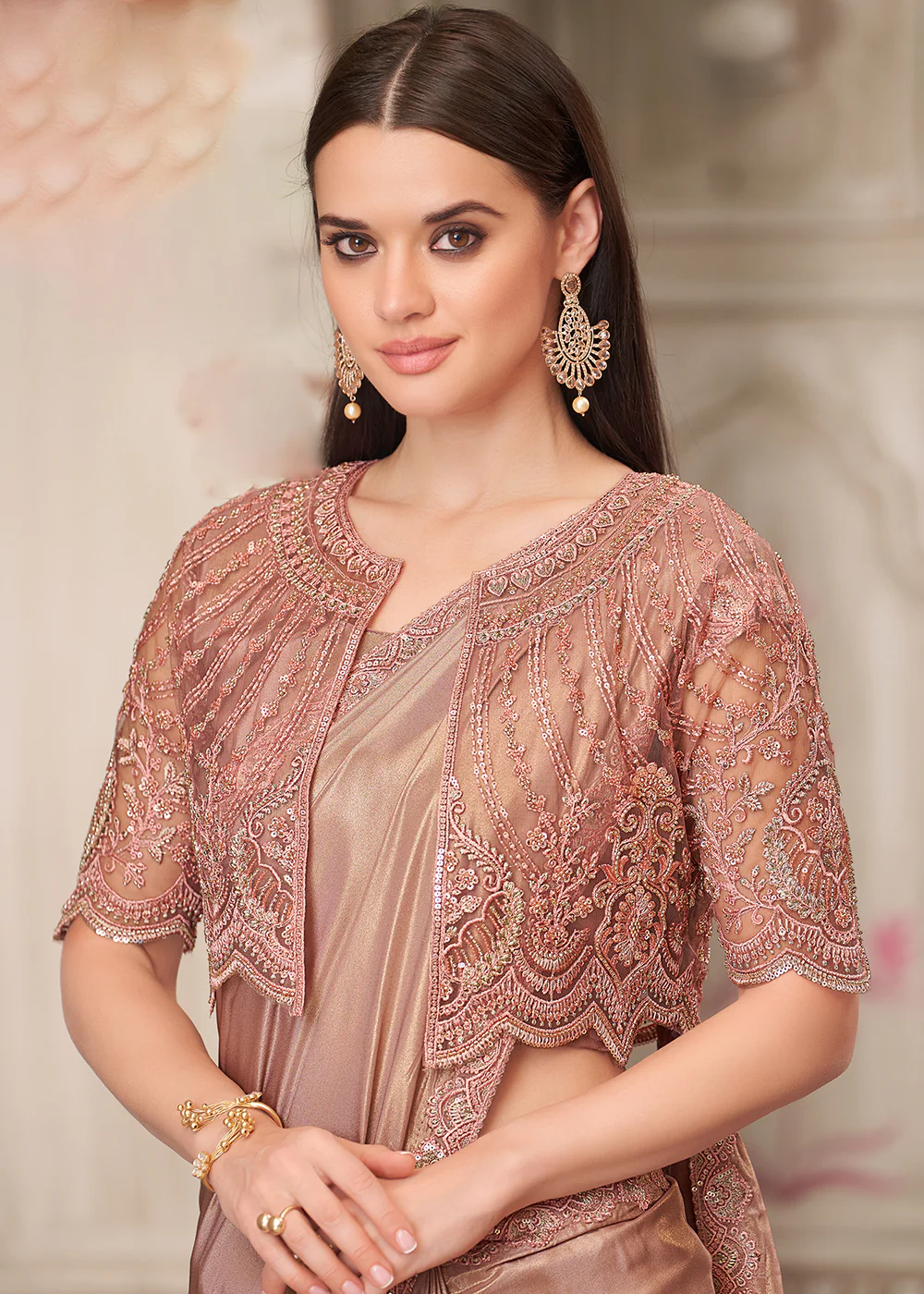 Rose Gold Satin Silk Embroidered Wedding Wear Saree - Image 2