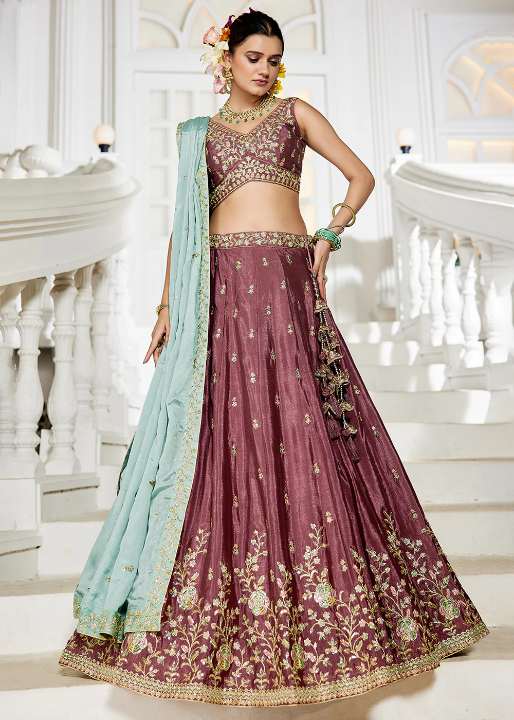 Rose Gold Sequins & Cording Work Wedding Wear Lehenga