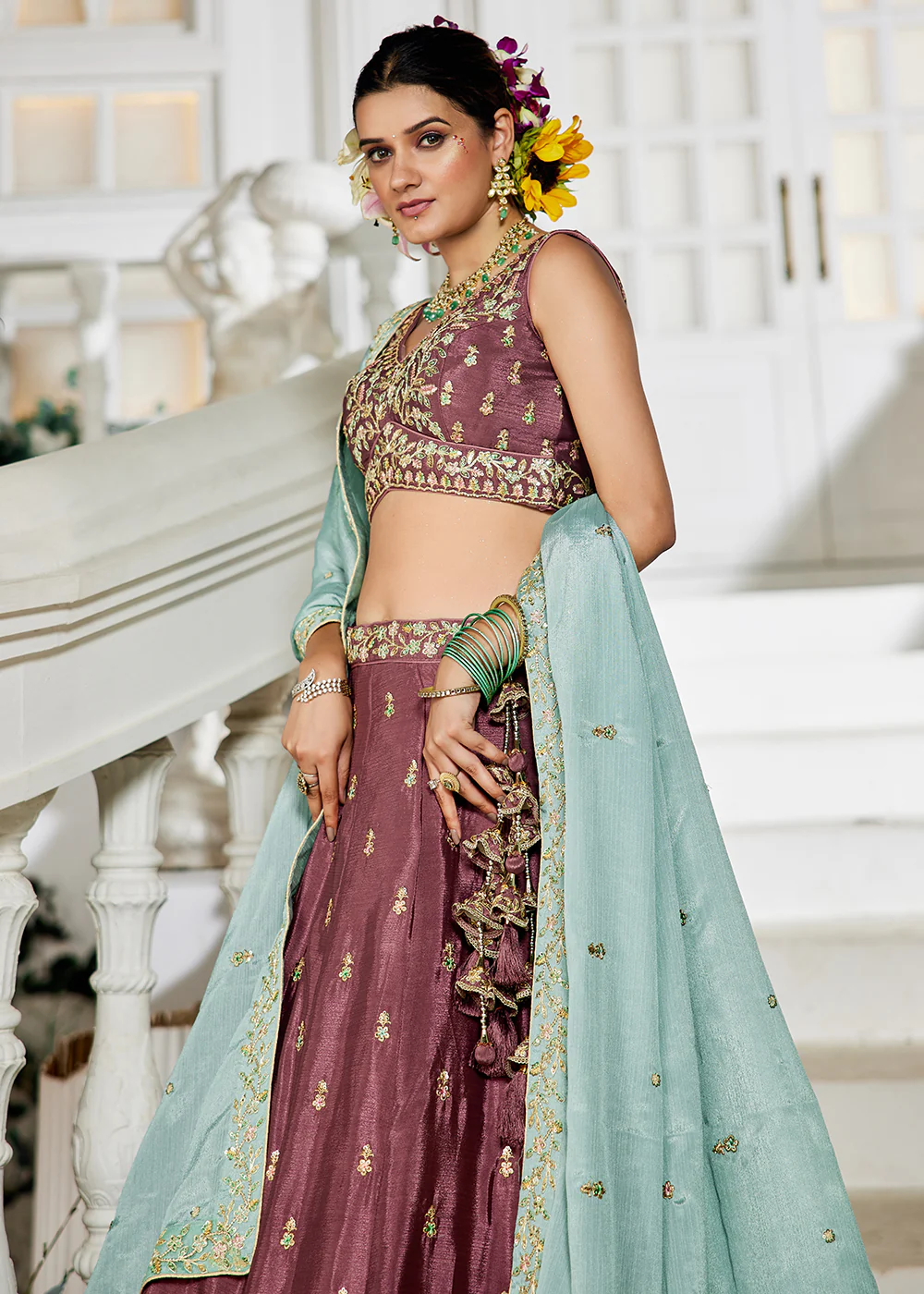 Rose Gold Sequins & Cording Work Wedding Wear Lehenga - Image 5