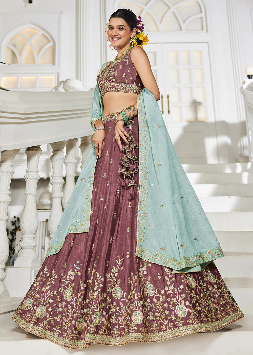Rose Gold Sequins & Cording Work Wedding Wear Lehenga - Image 6
