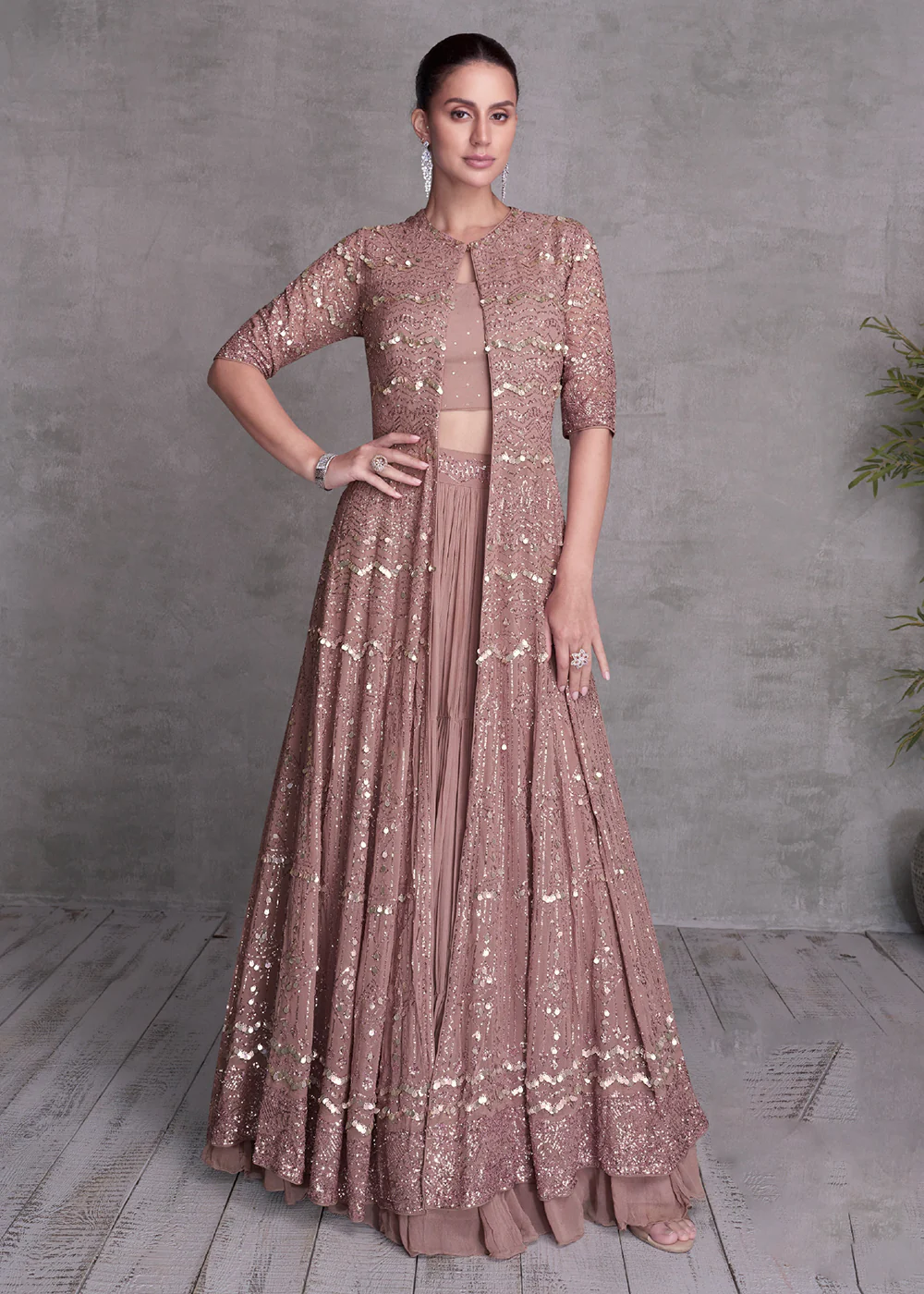 Rose Mauve Embroidered Jacket Style Indo Western Dress - Image 3