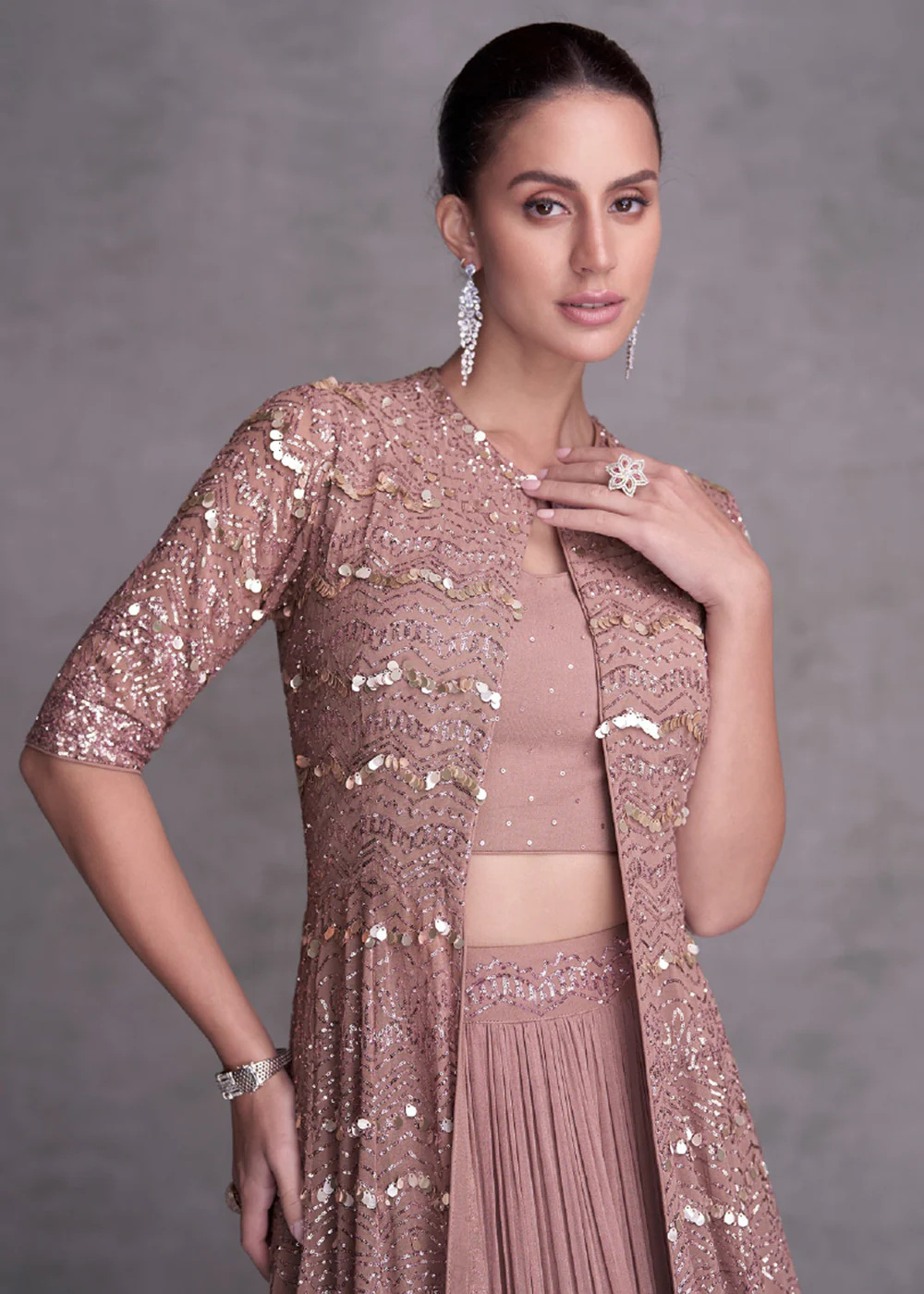 Rose Mauve Embroidered Jacket Style Indo Western Dress - Image 4