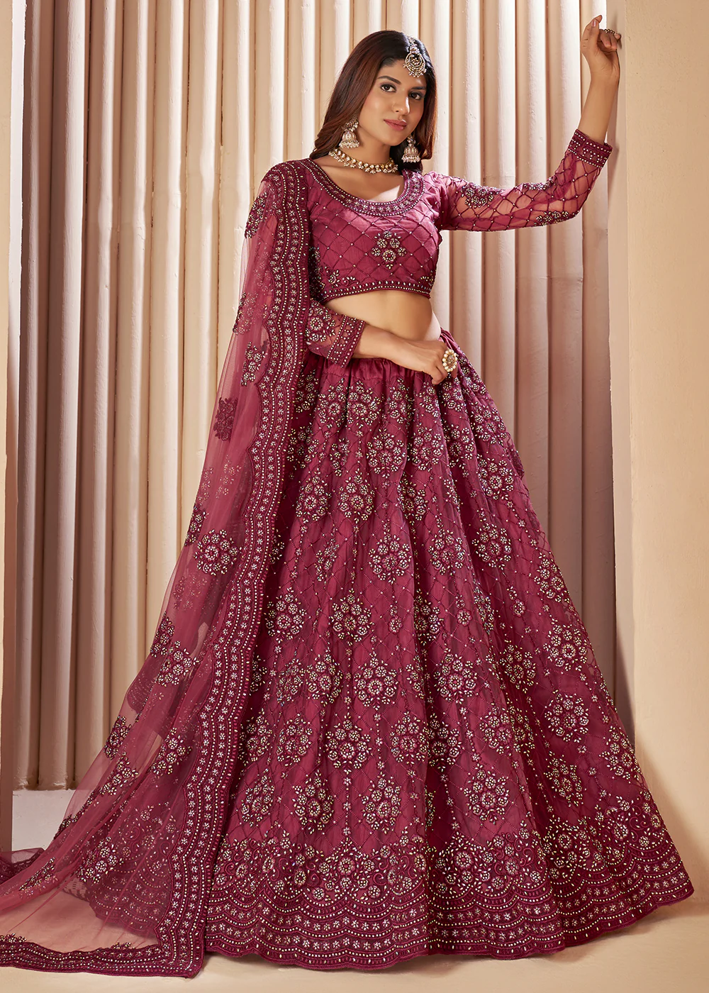 Rose Pink Designer Bridesmaids Wedding Lehenga Choli - Image 3