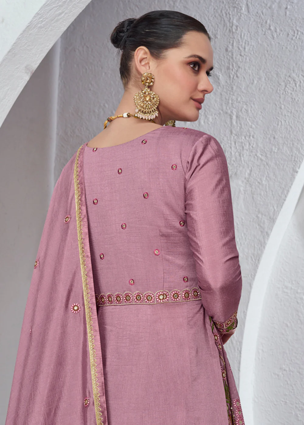 Rose Pink Front Slit Embroidered Lehenga Skirt Suit - Image 3