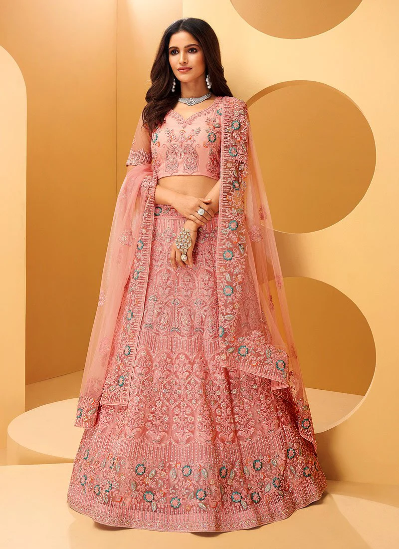 Rose Pink Hand Work Embroidered Bridal Lehenga Choli