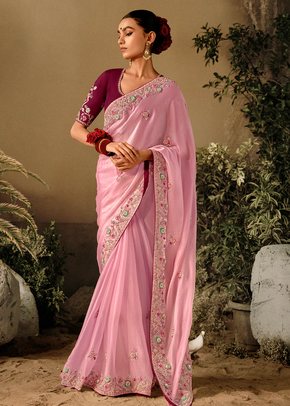 Rose Pink Khatli Work Embroidered Designer Wedding Saree