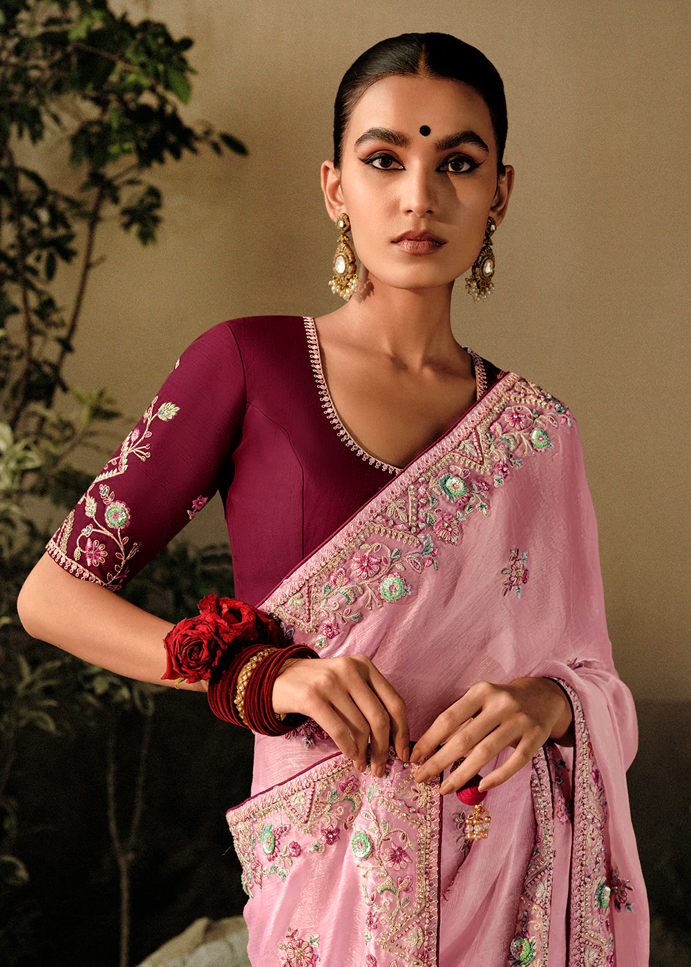 Rose Pink Khatli Work Embroidered Designer Wedding Saree - Image 2