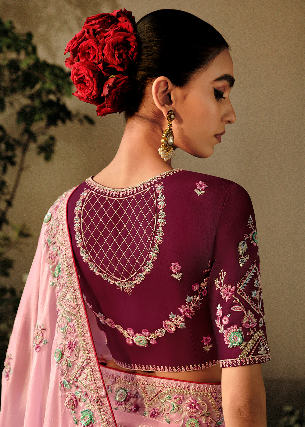 Rose Pink Khatli Work Embroidered Designer Wedding Saree - Image 3