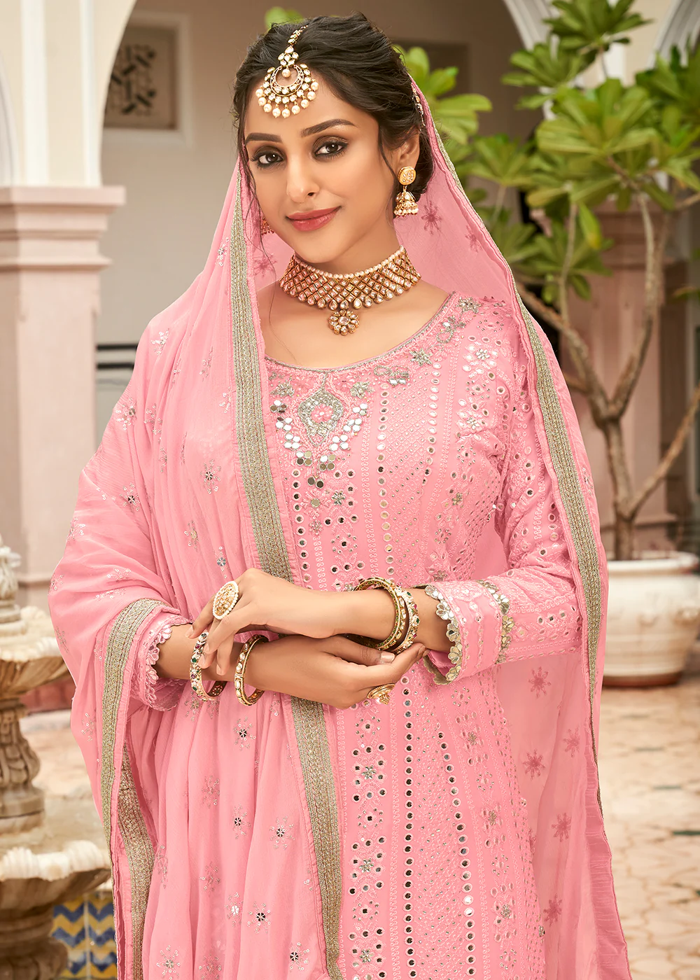 Rose Pink Mirror Embellished Wedding Wear Sharara Style Suit - Image 2