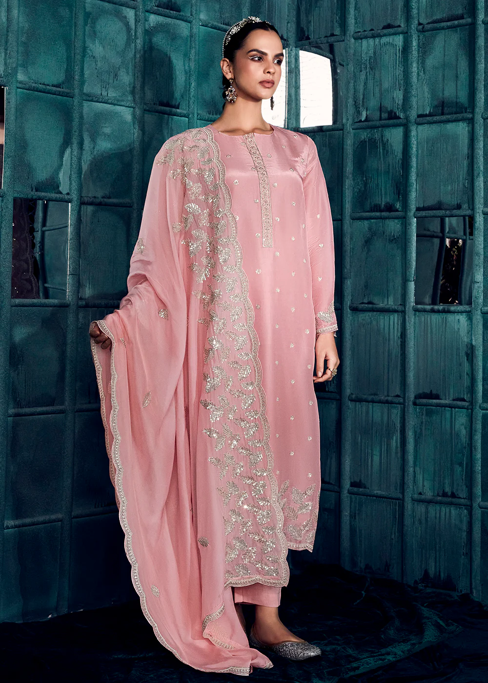 Rose Pink Modale Silk Embroidered Festive Salwar Suit