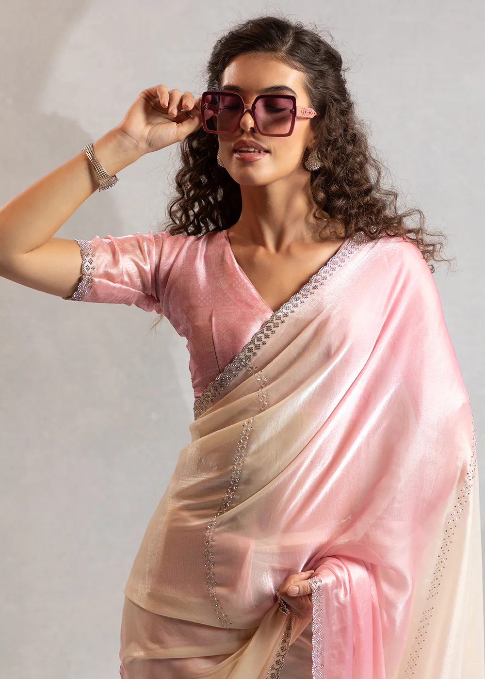 Rose Pink & Off White Satin Silk Designer Saree - Image 2