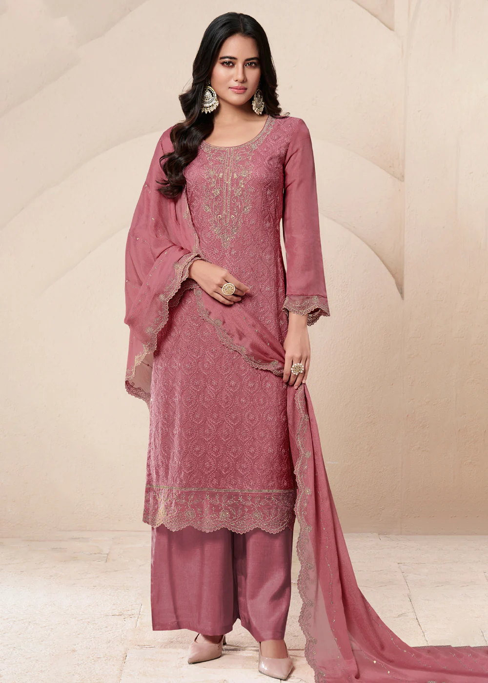 Rose Pink Schiffli Embroidered Organza Palazzo Salwar Suit