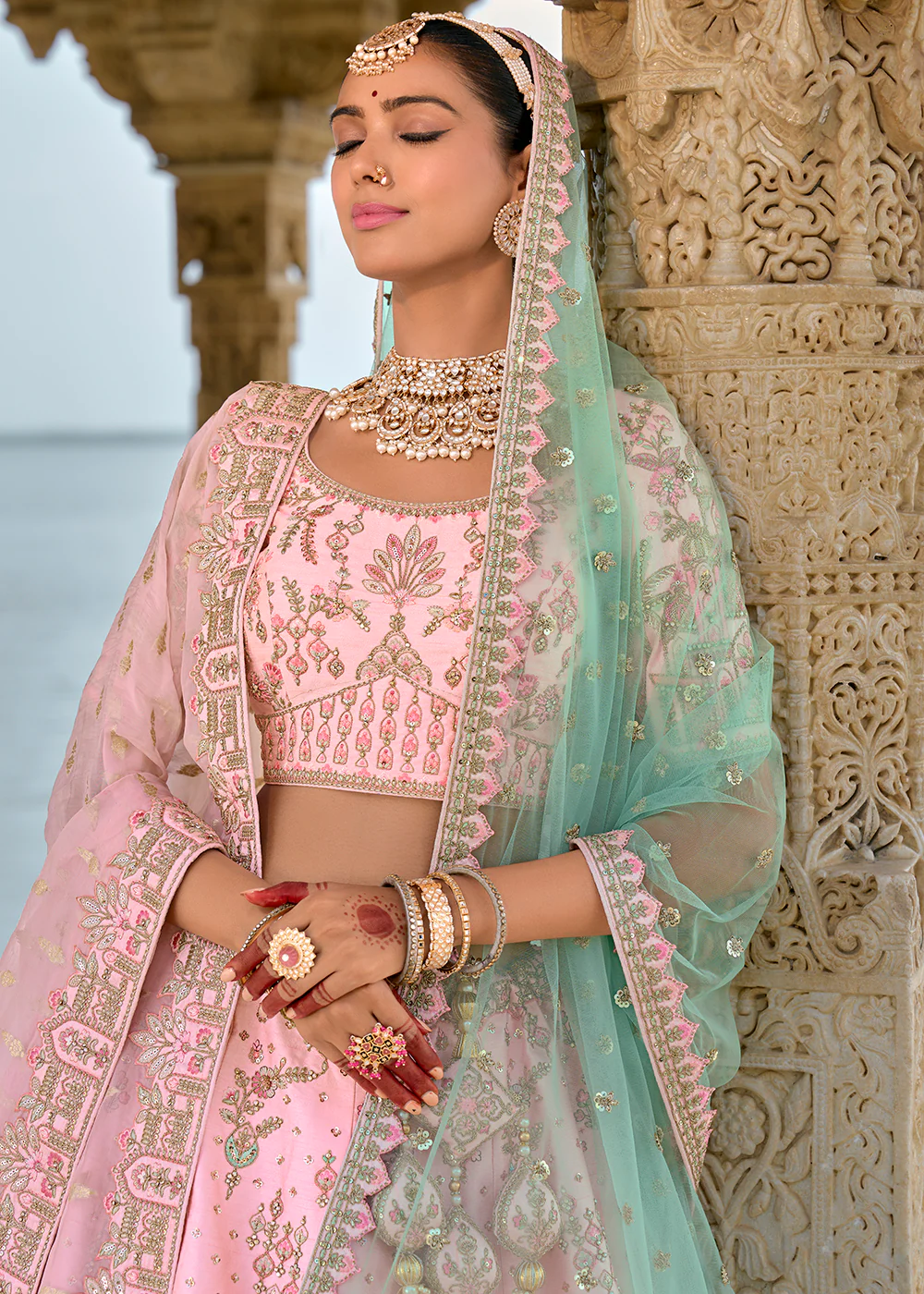 Rose Pink Silk Embroidered Bridal Wear Lehenga Choli - Image 2