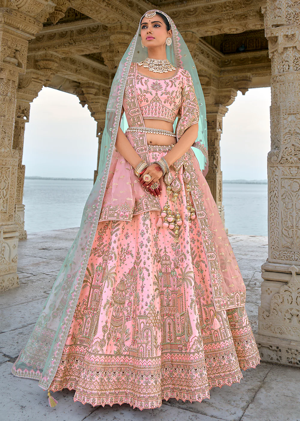 Rose Pink Silk Embroidered Bridal Wear Lehenga Choli - Image 3