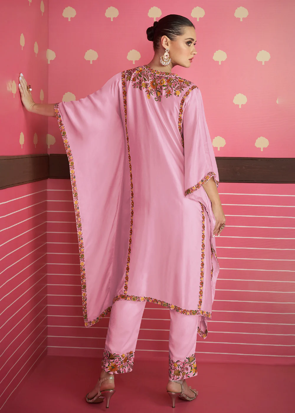 Rose Pink Silk Satin Kaftan Style Chinon Pant Style Suit - Image 2