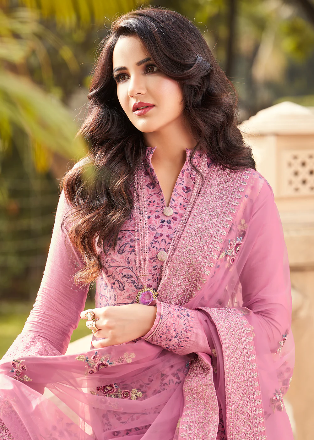 Rose Pink Viscose Jacquard Pant Style Salwar Kurta Set - Image 4