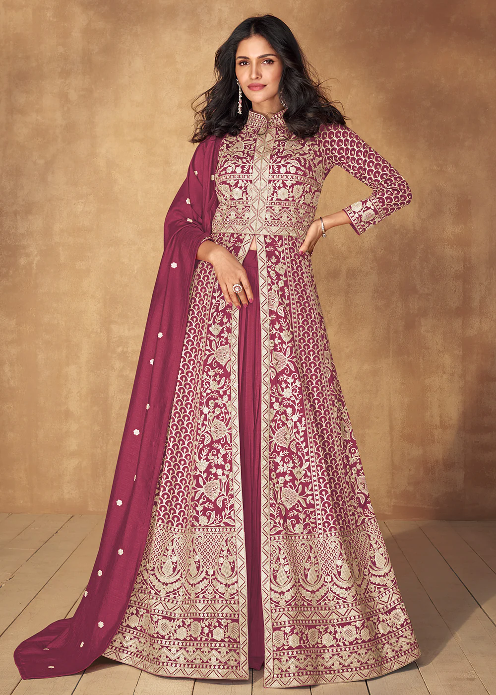 Rose Pink Slit Style Embroidered Lehenga Anarkali Suit