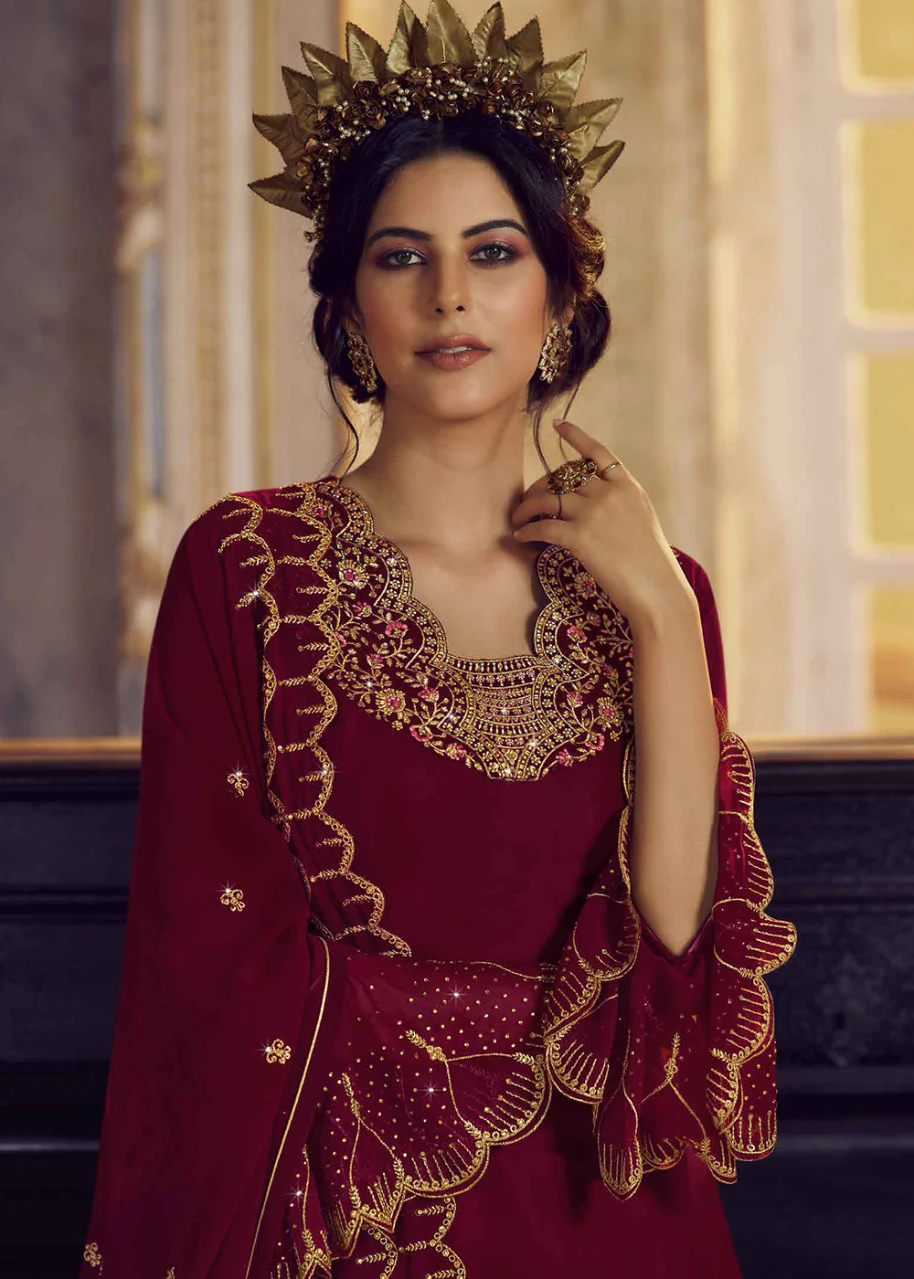 Rosewood Maroon Lehenga/Pant Style Trendy Suit - Image 2